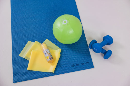 Green pilates ball, 5 pounds weights, regular yellow exercise bands