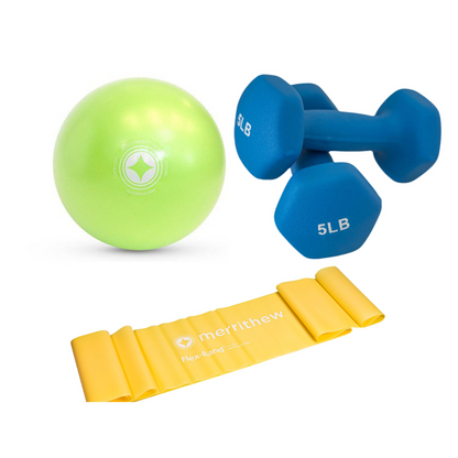 mini stability ball, five pound weights, exercise bands