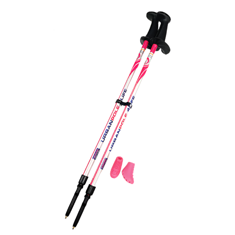 Pair of pink and black ski poles with attachments on a white background